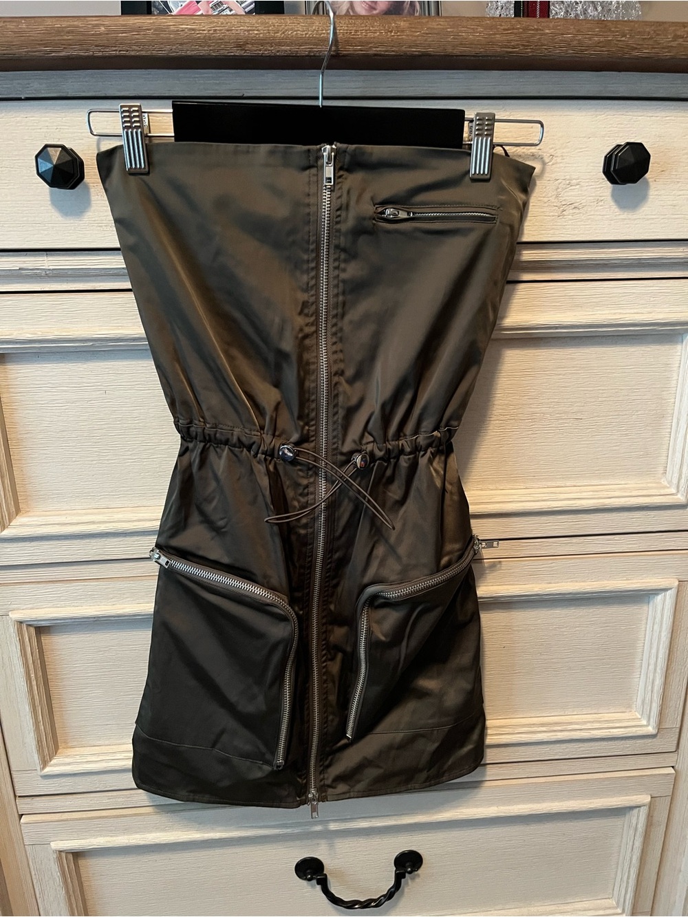 Zara Dark Green Strapless Zip-Front Drawstring Dress